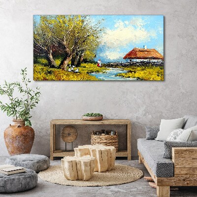 Countryside landscape with a cottage and trees Print on canvas