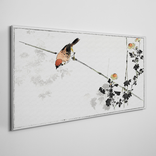 Bird on a branch with flowers Canvas wall art