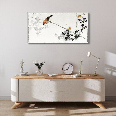 Bird on a branch with flowers Canvas wall art