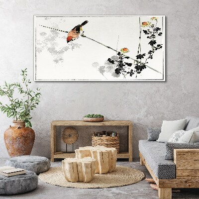 Bird on a branch with flowers Canvas wall art