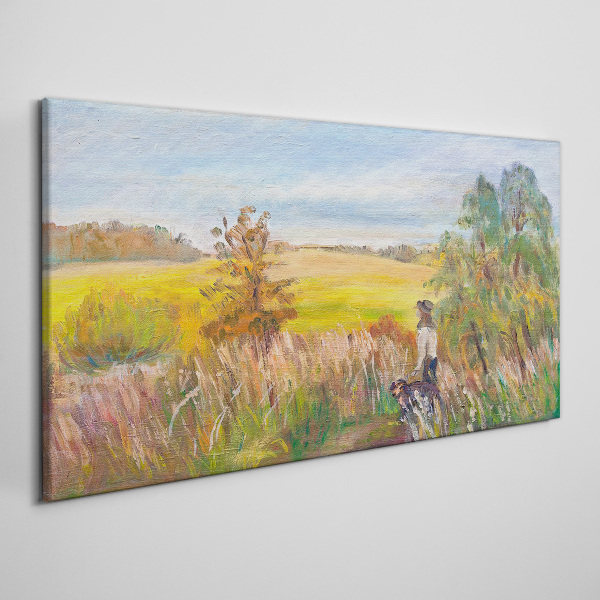 Summer landscape with a figure and a dog Print on canvas