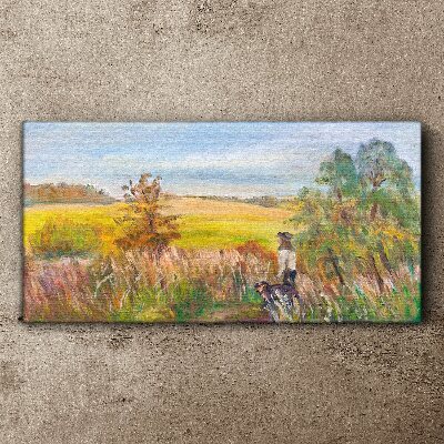 Summer landscape with a figure and a dog Print on canvas