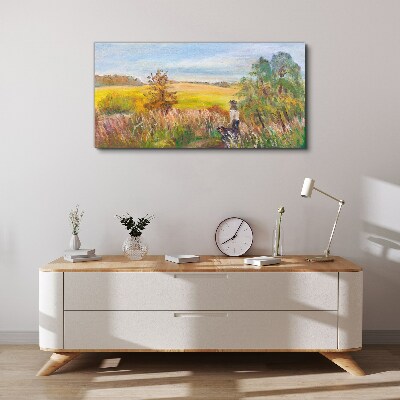 Summer landscape with a figure and a dog Print on canvas