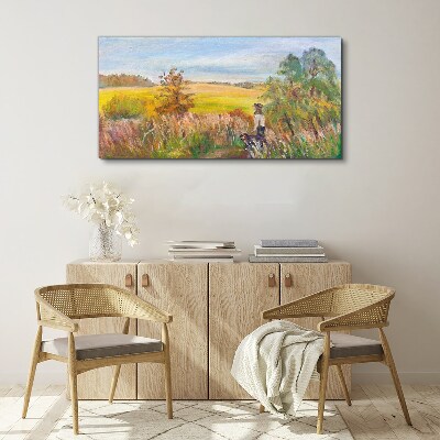 Summer landscape with a figure and a dog Print on canvas