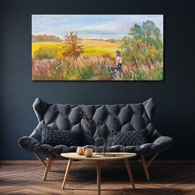 Summer landscape with a figure and a dog Print on canvas