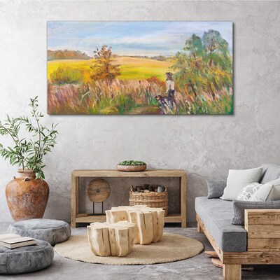 Summer landscape with a figure and a dog Print on canvas