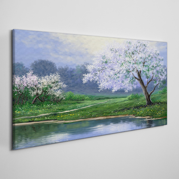 Spring landscape with blooming trees Print on canvas