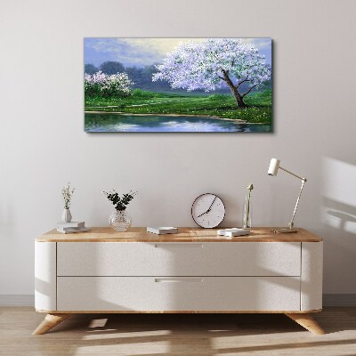 Spring landscape with blooming trees Print on canvas