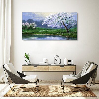 Spring landscape with blooming trees Print on canvas