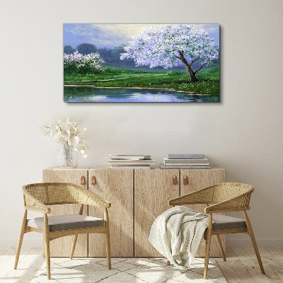 Spring landscape with blooming trees Print on canvas