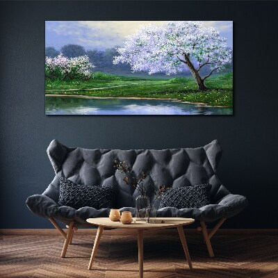 Spring landscape with blooming trees Print on canvas