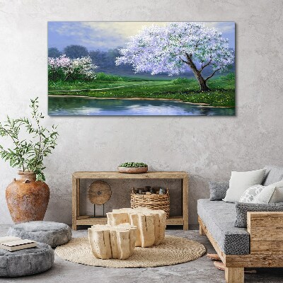Spring landscape with blooming trees Print on canvas