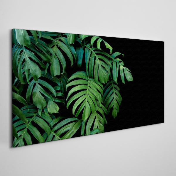 Green leaves on a black background Print on canvas
