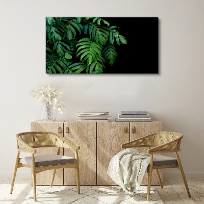 Green leaves on a black background Print on canvas