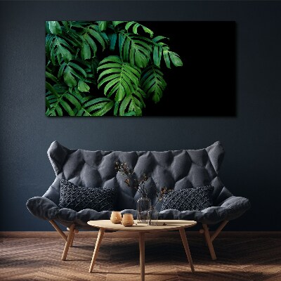 Green leaves on a black background Print on canvas