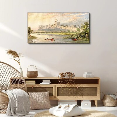 A castle by the river in pastel colors Print on canvas