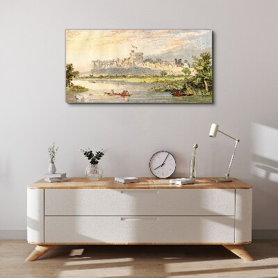 A castle by the river in pastel colors Print on canvas