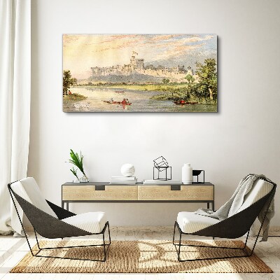 A castle by the river in pastel colors Print on canvas