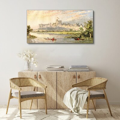 A castle by the river in pastel colors Print on canvas