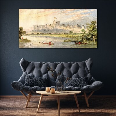 A castle by the river in pastel colors Print on canvas