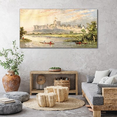 A castle by the river in pastel colors Print on canvas