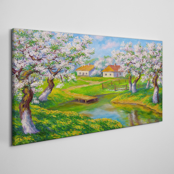 Tree village water flowers Canvas Wall art