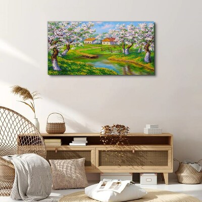 Spring landscape with blooming trees Canvas wall art