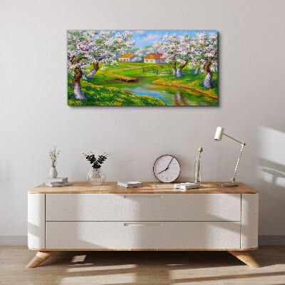 Spring landscape with blooming trees Canvas wall art