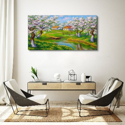 Spring landscape with blooming trees Canvas wall art