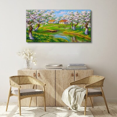 Tree village water flowers Canvas Wall art