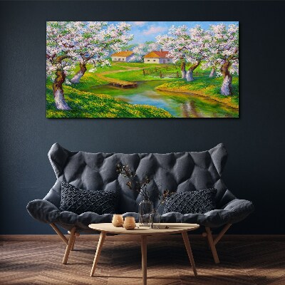 Spring landscape with blooming trees Canvas wall art
