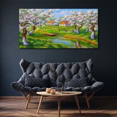 Tree village water flowers Canvas Wall art