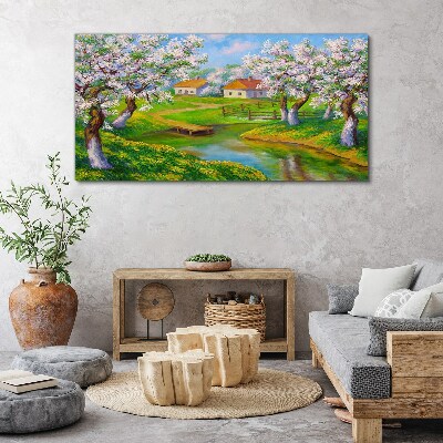 Spring landscape with blooming trees Canvas wall art