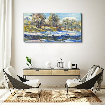 Winter landscape with a river Print on canvas