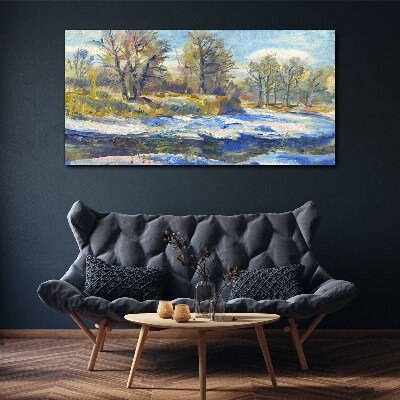 Winter landscape with a river Print on canvas
