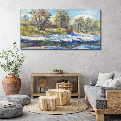 Winter landscape with a river Print on canvas