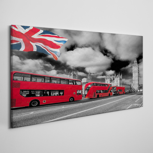 Red London buses with UK flag Canvas wall art