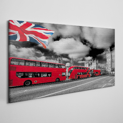 Red London buses with UK flag Canvas wall art