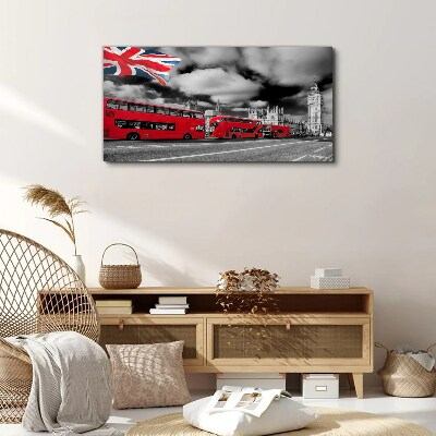 Red London buses with UK flag Canvas wall art