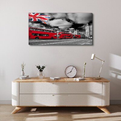 Red London buses with UK flag Canvas wall art