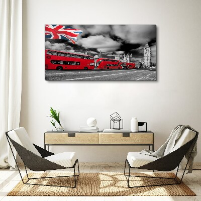 Red London buses with UK flag Canvas wall art