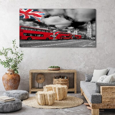 Red London buses with UK flag Canvas wall art