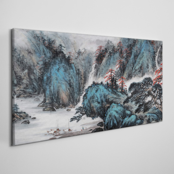 Peaceful mountain landscape with waterfall Print on canvas