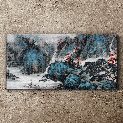 Peaceful mountain landscape with waterfall Print on canvas