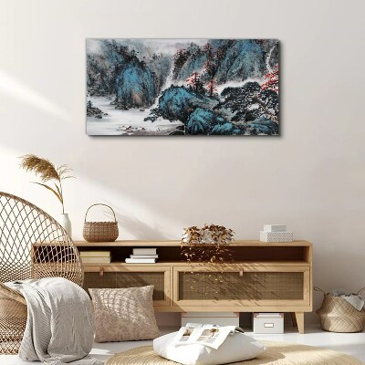 Peaceful mountain landscape with waterfall Print on canvas
