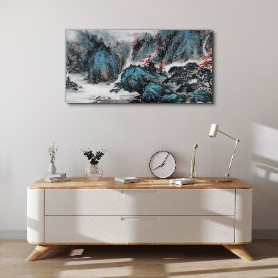 Peaceful mountain landscape with waterfall Print on canvas