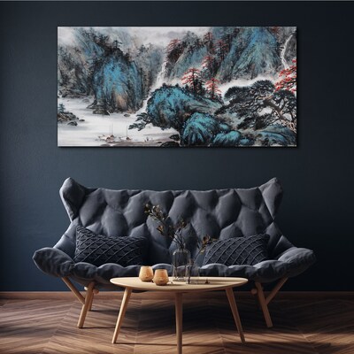 Peaceful mountain landscape with waterfall Print on canvas