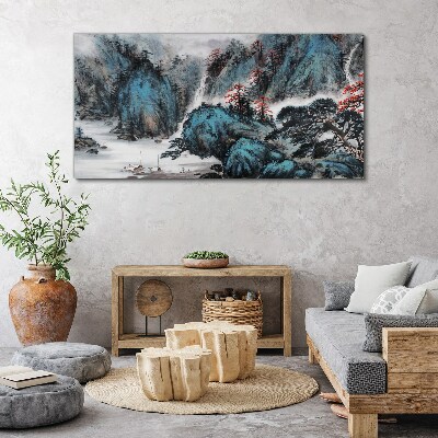 Peaceful mountain landscape with waterfall Print on canvas