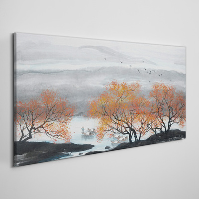 Autumn fog over the lake Canvas wall art
