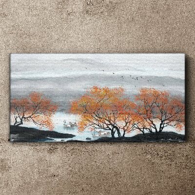 Autumn fog over the lake Canvas wall art